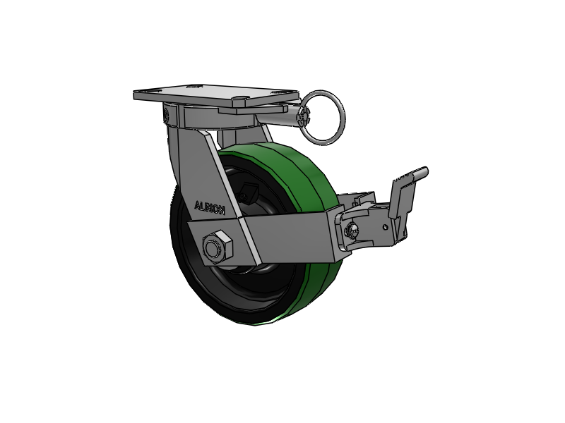 310 Series Top Plate Swivel Caster with 8 x 3 Green Tread on Black Cast Iron Core PY - Polyurethane (Cast Iron Core) Wheel and Face Brake