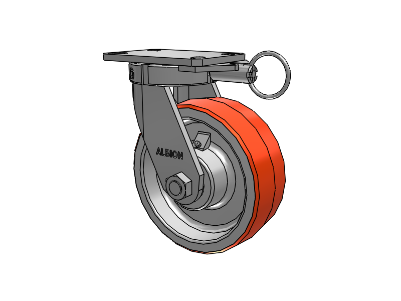 Rodízio giratório com placa superior da Série 310, com banda de rodagem vermelho-laranja de 8 x 3 sobre núcleo de ferro fundido PY – Roda de poliuretano 80A (núcleo de ferro fundido)