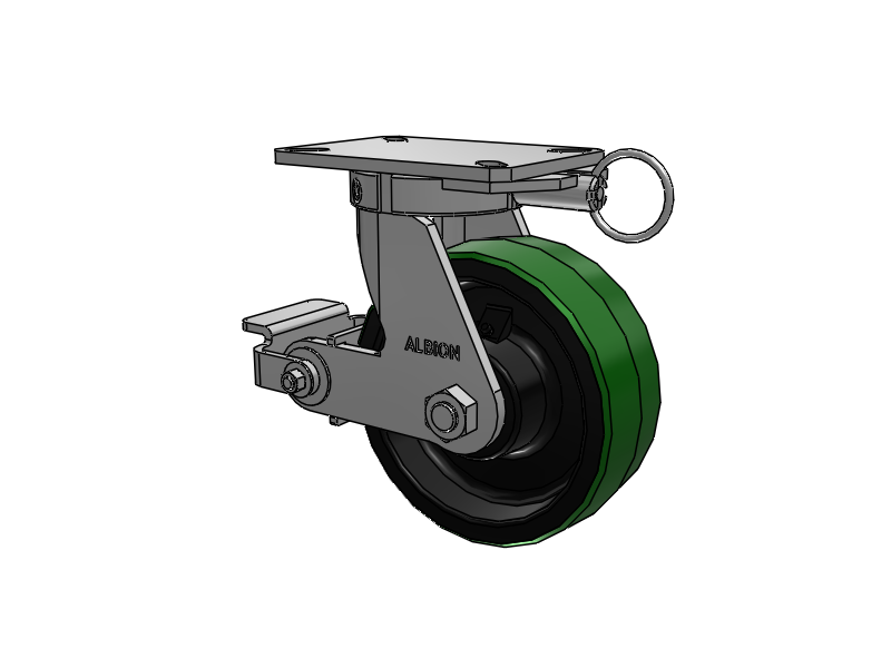 310 Series Top Plate Swivel Caster with 8 x 3 Green Tread on Black Cast Iron Core PY - Polyurethane (Cast Iron Core) Wheel and Poly Cam Brake