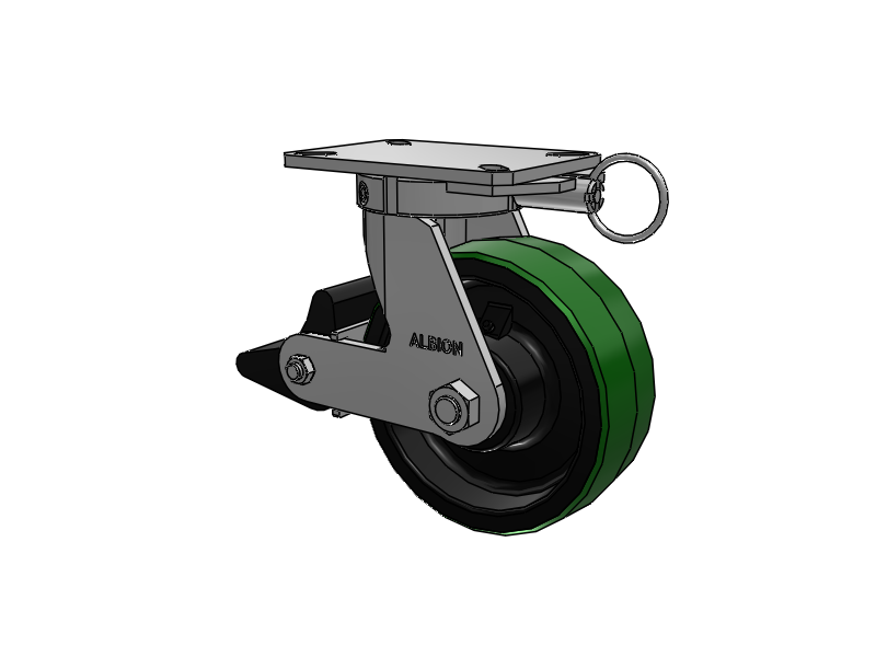 310 Series Top Plate Swivel Caster with 8 x 3 Green Tread on Black Cast Iron Core PY - Polyurethane (Cast Iron Core) Wheel and Poly Lock Integrated Brake