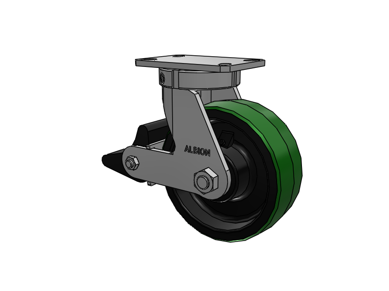 310 Series Top Plate Swivel Caster with 8 x 3 Green Tread on Black Cast Iron Core PY - Polyurethane (Cast Iron Core) Wheel and Poly Lock Integrated Brake