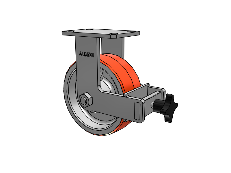 Starre Lenkrolle der Serie 310 mit 8 x 3 rot-orangefarbenem Profil auf Gusseisenkern PY – Polyurethan 80A (Gusseisenkern) Rad und Feststellbremse