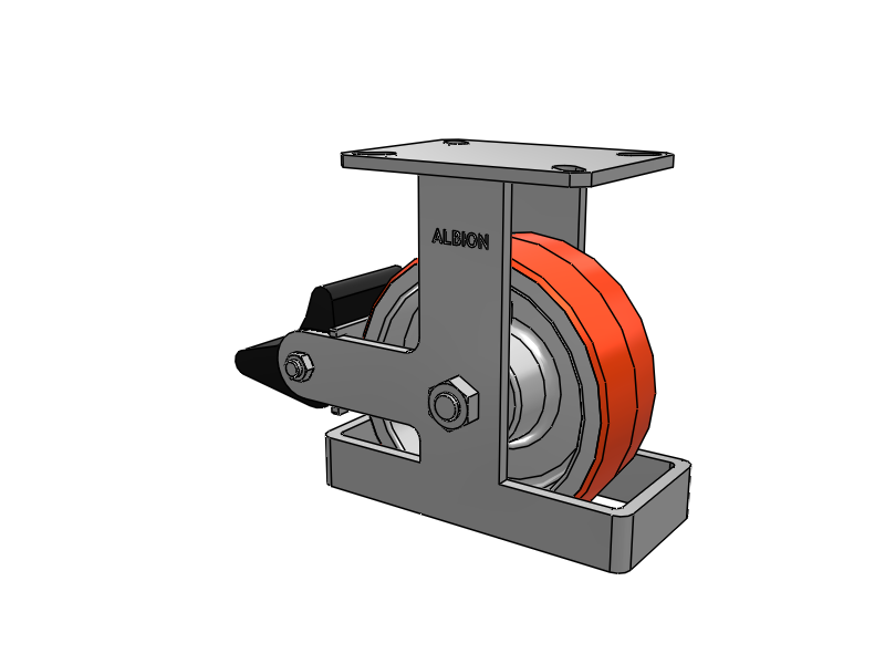 310 Series Top Plate Rigid Caster with 8 x 3 Red-Orange Tread on Cast Iron Core PY - Polyurethane 80A (Cast Iron Core) Wheel and Poly Lock Integrated Brake