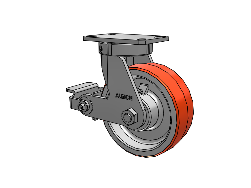 310 Series Top Plate Swivel Caster with 8 x 3 Red-Orange Tread on Cast Iron Core PY - Polyurethane 80A (Cast Iron Core) Wheel and Poly Cam Brake