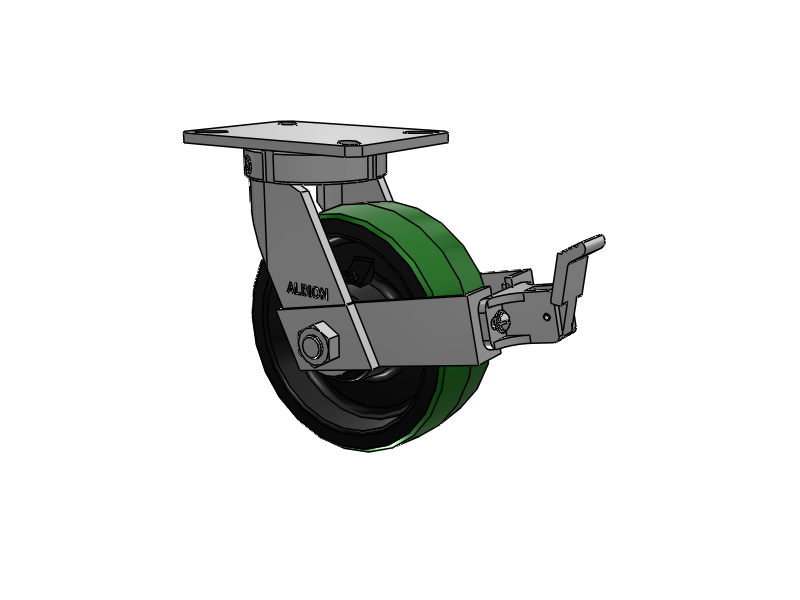 310 Series Top Plate Swivel Caster with 8 x 3 Green Tread on Black Cast Iron Core PY - Polyurethane (Cast Iron Core) Wheel and Face Brake