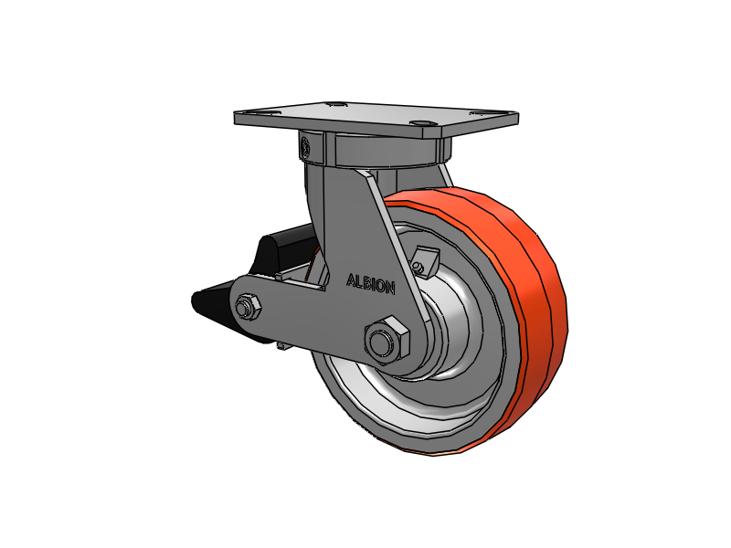 310 Series Top Plate Swivel Caster with 8 x 3 Red-Orange Tread on Cast Iron Core PY - Polyurethane 80A (Cast Iron Core) Wheel and Poly Lock Integrated Brake