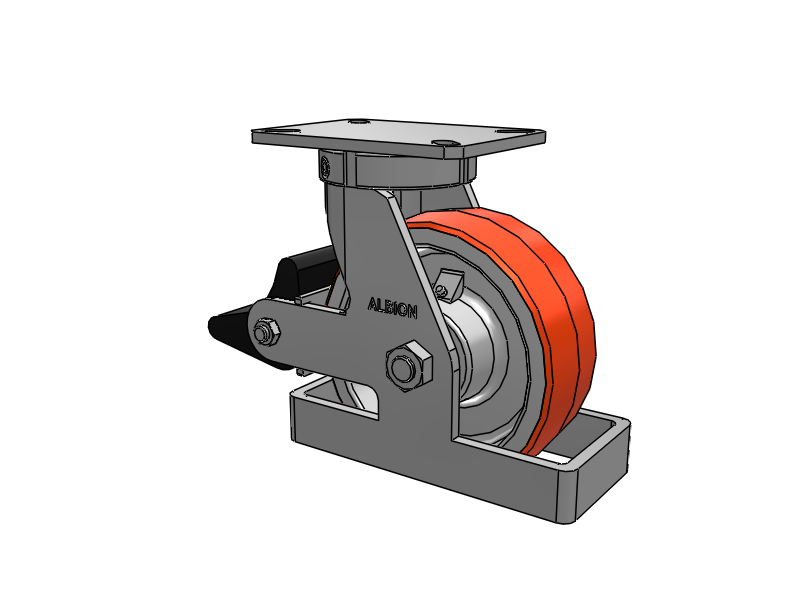 310 Series Top Plate Swivel Caster with 8 x 3 Red-Orange Tread on Cast Iron Core PY - Polyurethane 80A (Cast Iron Core) Wheel and Poly Lock Integrated Brake