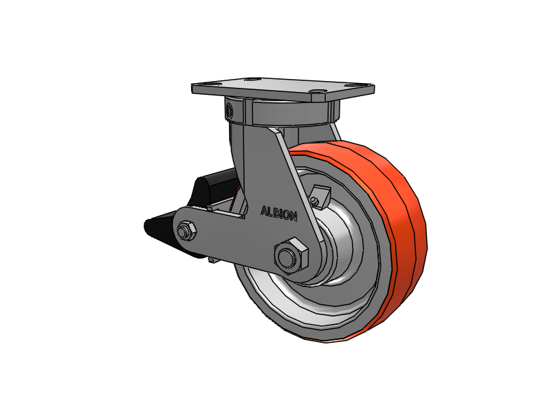 310 Series Top Plate Swivel Caster with 8 x 3 Red-Orange Tread on Cast Iron Core PY - Polyurethane 80A (Cast Iron Core) Wheel and Poly Lock Integrated Brake