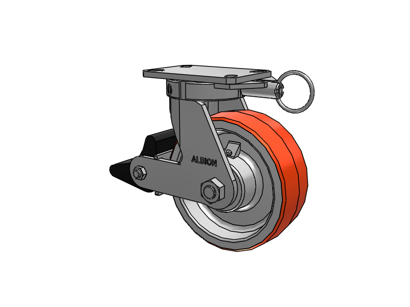310 Series Top Plate Swivel Caster with 8 x 3 Red-Orange Tread on Cast Iron Core PY - Polyurethane 80A (Cast Iron Core) Wheel and Poly Lock Integrated Brake