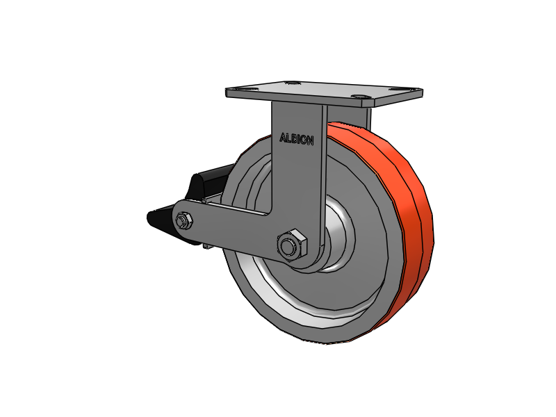 310 Series Top Plate Rigid Caster with 10 x 3 Red-Orange Tread on Cast Iron Core PY - Polyurethane 80A (Cast Iron Core) Wheel and Poly Lock Integrated Brake