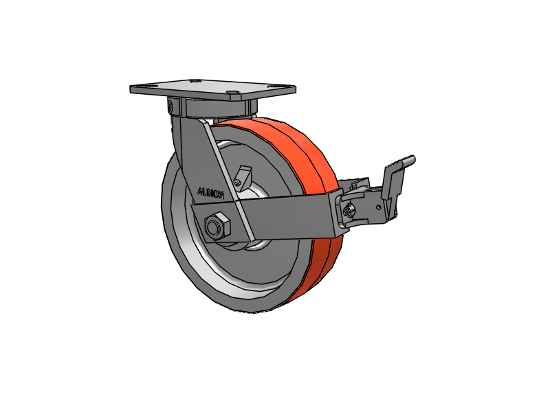 310 Series Top Plate Swivel Caster with 10 x 3 Red-Orange Tread on Cast Iron Core PY - Polyurethane 80A (Cast Iron Core) Wheel and Face Brake