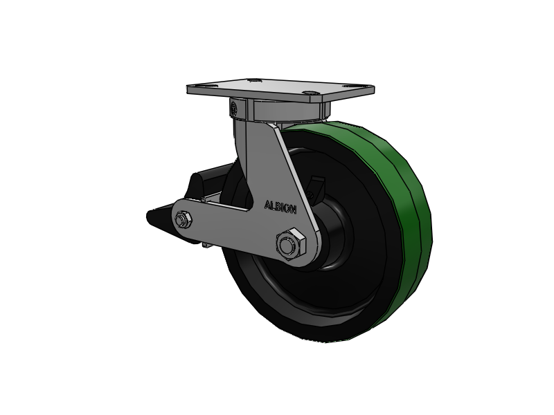 310 Series Top Plate Swivel Caster with 10 x 3 Green Tread on Black Cast Iron Core PY - Polyurethane (Cast Iron Core) Wheel and Poly Lock Integrated Brake
