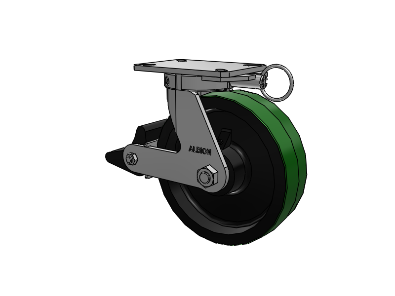310 Series Top Plate Swivel Caster with 10 x 3 Green Tread on Black Cast Iron Core PY - Polyurethane (Cast Iron Core) Wheel and Poly Lock Integrated Brake