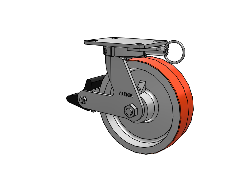 310 Series Top Plate Swivel Caster with 10 x 3 Red-Orange Tread on Cast Iron Core PY - Polyurethane 80A (Cast Iron Core) Wheel and Poly Lock Integrated Brake