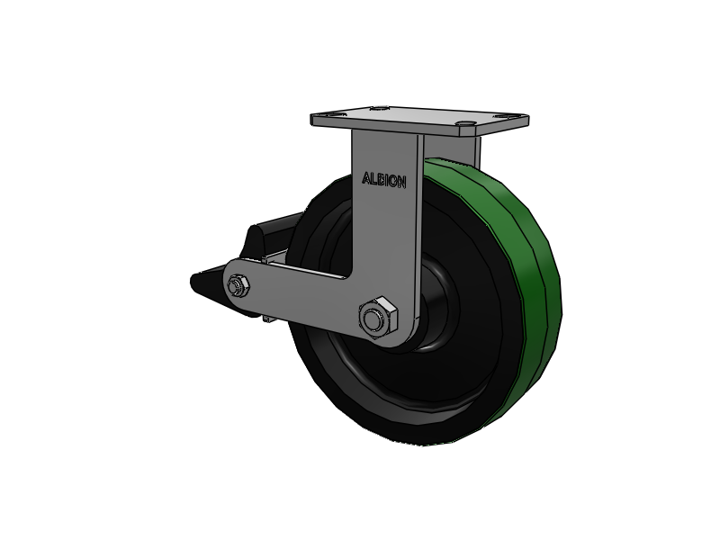 310 Series Top Plate Rigid Caster with 10 x 3 Green Tread on Black Cast Iron Core PY - Polyurethane (Cast Iron Core) Wheel and Poly Lock Integrated Brake