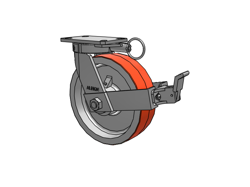 310 Series Top Plate Swivel Caster with 10 x 3 Red-Orange Tread on Cast Iron Core PY - Polyurethane 80A (Cast Iron Core) Wheel and Face Brake