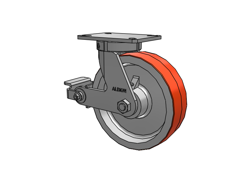 310 Series Top Plate Swivel Caster with 10 x 3 Red-Orange Tread on Cast Iron Core PY - Polyurethane 80A (Cast Iron Core) Wheel and Poly Cam Brake