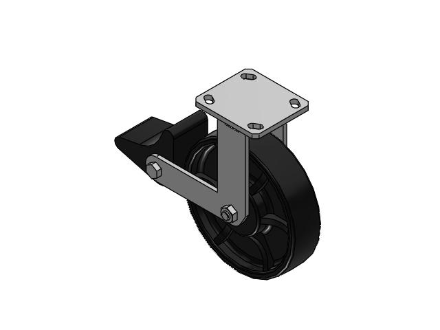 Rodízio rígido da Série 110 sem pino mestre, com placa superior, com rodas 8 x 2 pintadas de preto FR — roda de ferro dúctil com banda de rodagem abaulada e freio integrado Poly Lock