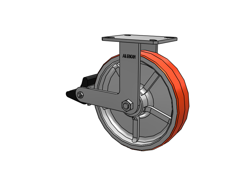 310 Series Top Plate Rigid Caster with 12 x 3 Red-Orange Tread on Cast Iron Core PY - Polyurethane 80A (Cast Iron Core) Wheel and Poly Lock Integrated Brake