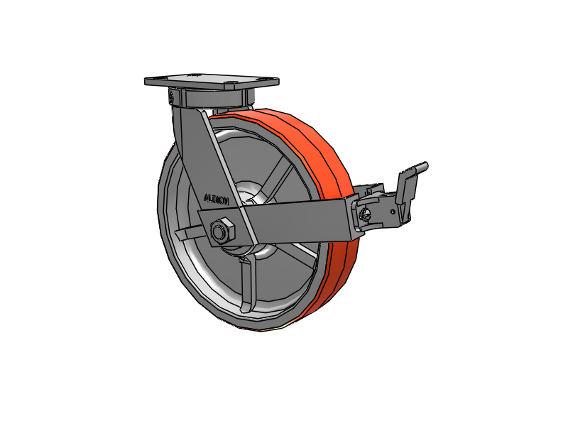 310 Series Top Plate Swivel Caster with 12 x 3 Red-Orange Tread on Cast Iron Core PY - Polyurethane 80A (Cast Iron Core) Wheel and Face Brake