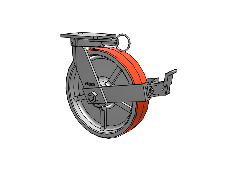 310 Series Top Plate Swivel Caster with 12 x 3 Red-Orange Tread on Cast Iron Core PY - Polyurethane 80A (Cast Iron Core) Wheel and Face Brake