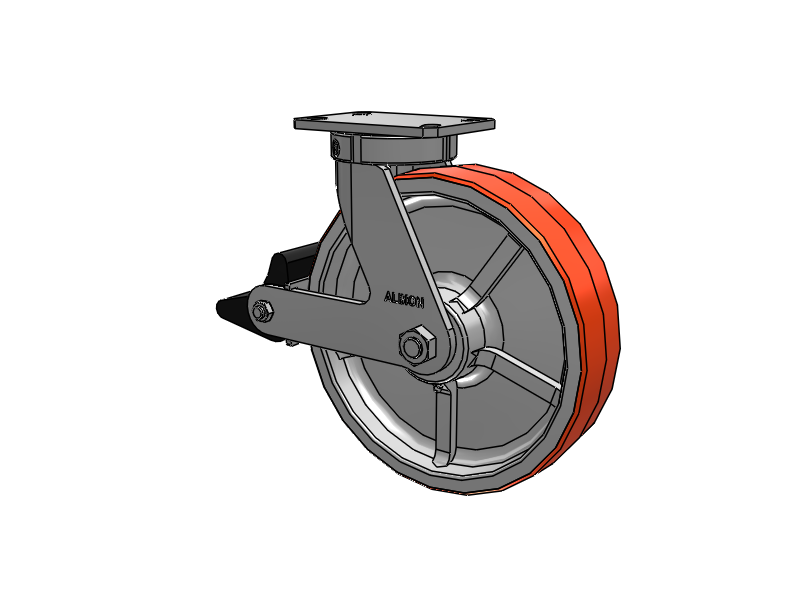 310 Series Top Plate Swivel Caster with 12 x 3 Red-Orange Tread on Cast Iron Core PY - Polyurethane 80A (Cast Iron Core) Wheel and Poly Lock Integrated Brake