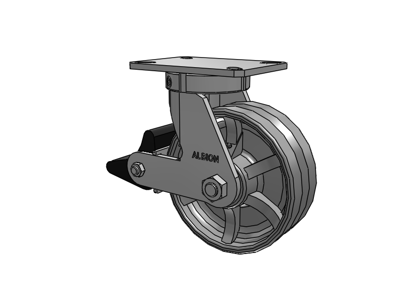 310 Series Top Plate Swivel Caster with 8 x 3 Silver Enamel Paint VG - Cast Iron V-Groove Wheel and Poly Lock Integrated Brake