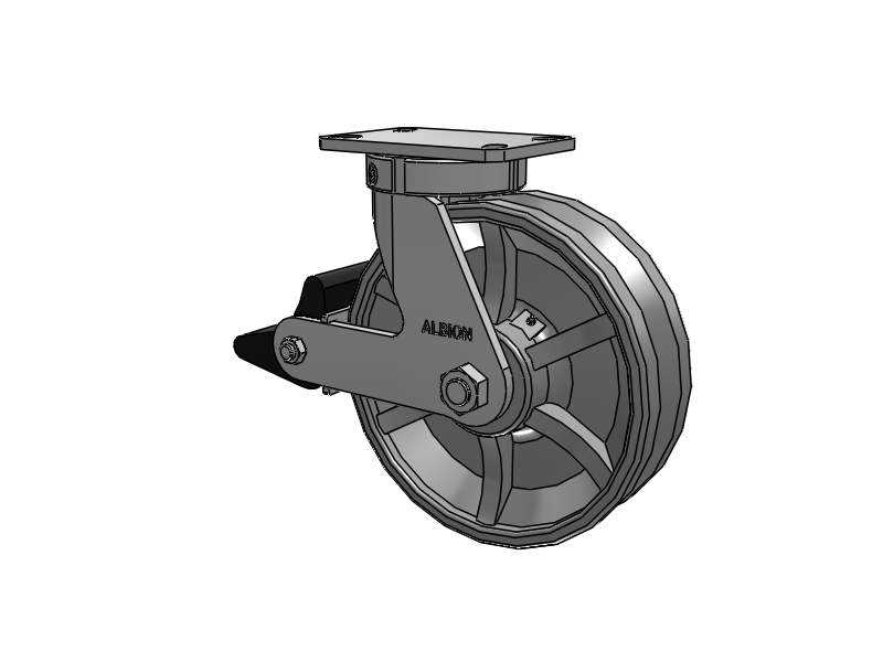 310 Series Top Plate Swivel Caster with 10 x 3 Silver Enamel Paint VG - Cast Iron V-Groove Wheel and Poly Lock Integrated Brake