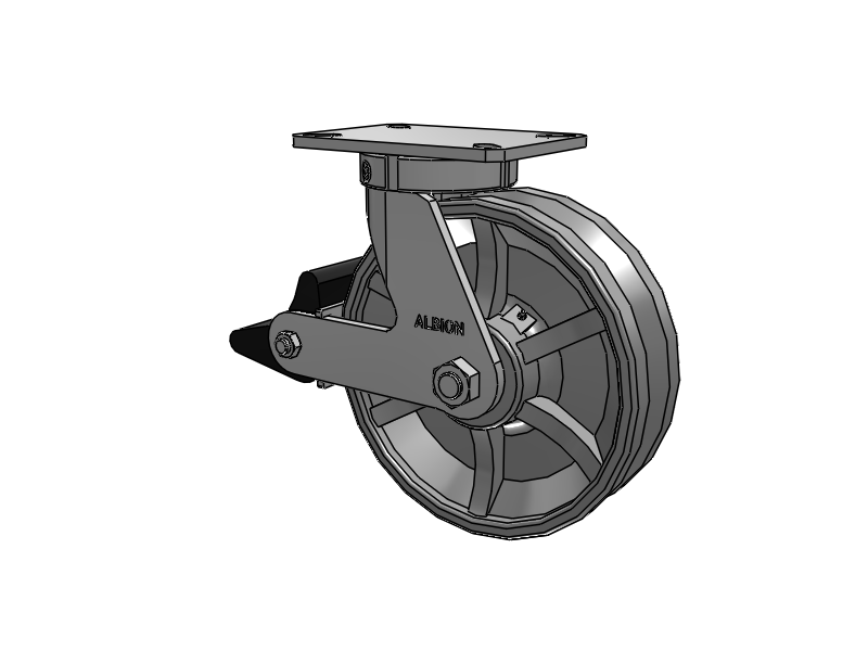 310 Series Top Plate Swivel Caster with 10 x 3 Silver Enamel Paint VG - Cast Iron V-Groove Wheel and Poly Lock Integrated Brake