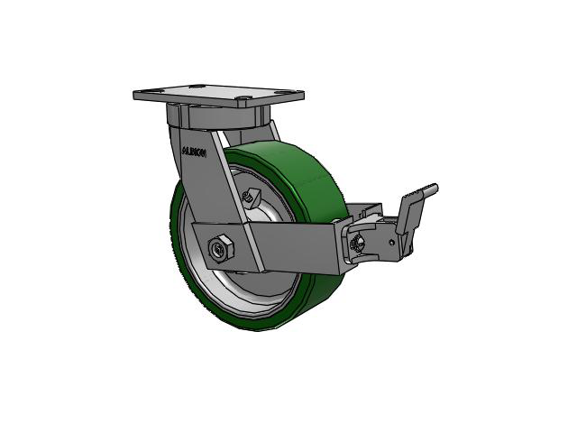 370 Series Top Plate Swivel Caster with 8 x 3 Green Tread on Aluminum Core PE - Polyurethane (Cast Iron Core) Wheel and Face Brake