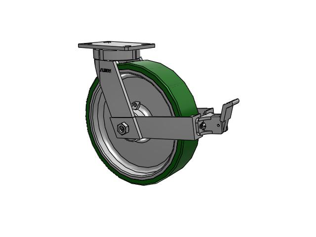 370 Series Top Plate Swivel Caster with 12 x 3 Green Tread on Aluminum Core PE - Polyurethane (Cast Iron Core) Wheel and Face Brake