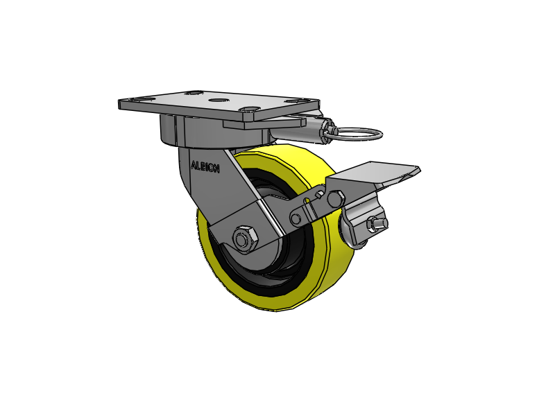 38 Series Maintenance Free Top Plate Swivel Caster with 6 x 2 Yellow Tread on Black Cast Iron Core PF - Polyurethane (Heavy Duty Cast Iron Core) Wheel and Face Brake