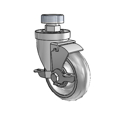 Roulette pivotante à tige filetée de la série 30 en zinc, équipée d'une roue PolyLock 4 x 1,25 (grise) et d'un frein VertiLoc