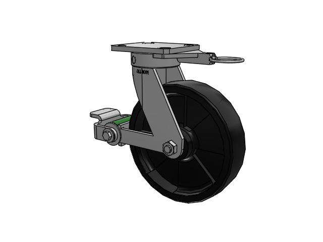 110 Series Kingpinless Top Plate Swivel Caster with 8 x 2 Black Nylon HT - Glass-Filled Nylon (High Heat) Wheel and Poly Cam Brake
