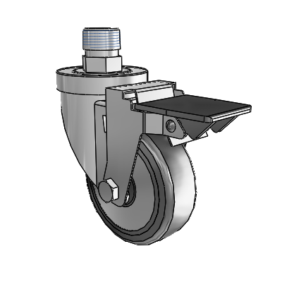 30 Series Pipe Thread Stem Zinc Swivel Caster with 4 x 1.25 Hard Rubber (+ Side Plates) Wheel and PosiLoc Brake
