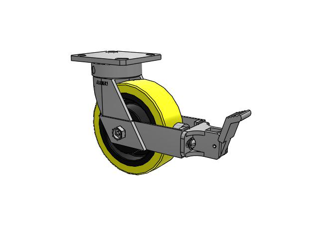 110 Series Kingpinless Top Plate Swivel Caster with 6 x 2 Yellow Tread on Black Cast Iron Core PF - Polyurethane (Heavy Duty Cast Iron Core) Wheel and Face Brake