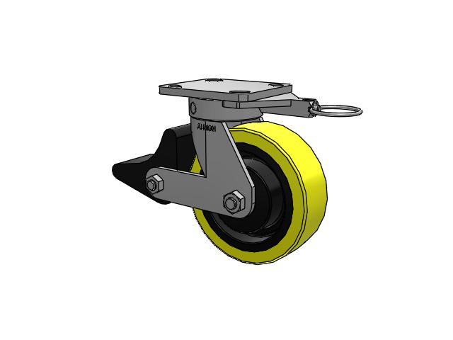 110 Series Kingpinless Top Plate Swivel Caster with 6 x 2 Yellow Tread on Black Cast Iron Core PF - Polyurethane (Heavy Duty Cast Iron Core) Wheel and Poly Lock Integrated Brake