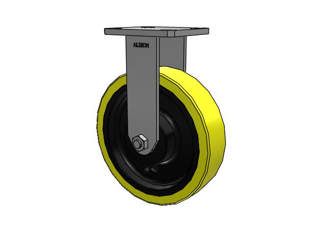 110 Series Kingpinless Top Plate Rigid Caster with 8 x 2 Yellow Tread on Black Cast Iron Core PF - Polyurethane (Heavy Duty Cast Iron Core) Wheel