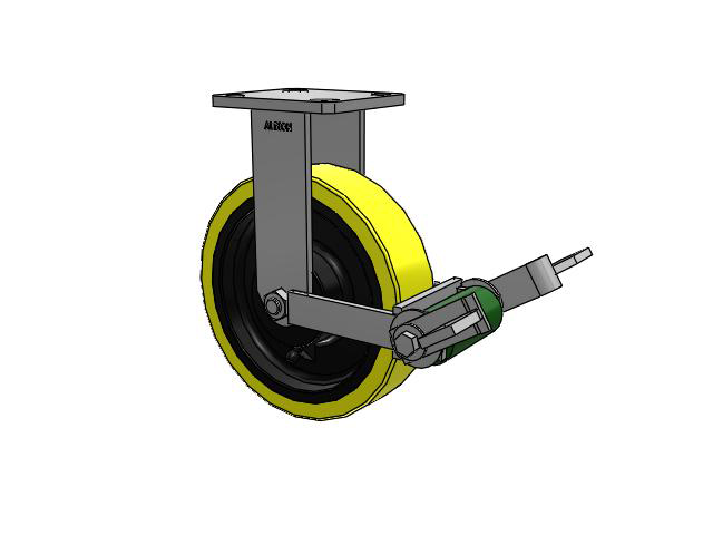 110 Series Kingpinless Top Plate Rigid Caster with 8 x 2 Yellow Tread on Black Cast Iron Core PF - Polyurethane (Heavy Duty Cast Iron Core) Wheel and Poly Cam Brake