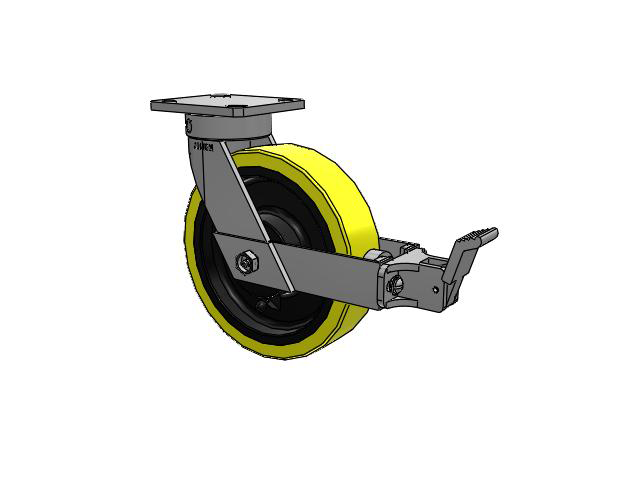 110 Series Kingpinless Top Plate Swivel Caster with 8 x 2 Yellow Tread on Black Cast Iron Core PF - Polyurethane (Heavy Duty Cast Iron Core) Wheel and Face Brake