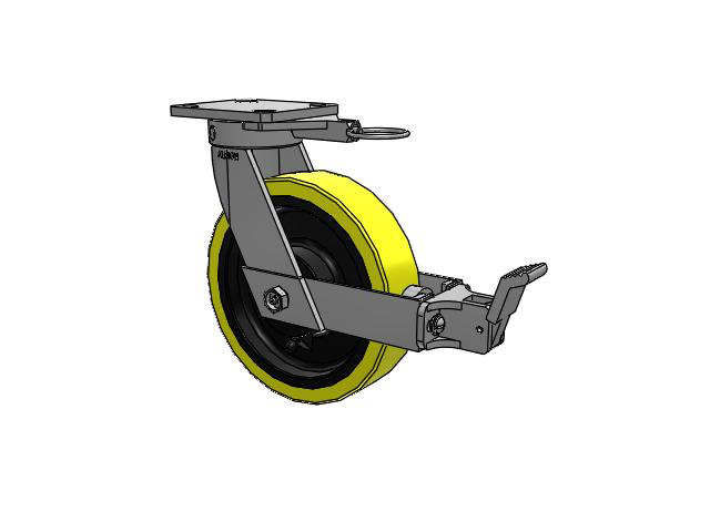 110 Series Kingpinless Top Plate Swivel Caster with 8 x 2 Yellow Tread on Black Cast Iron Core PF - Polyurethane (Heavy Duty Cast Iron Core) Wheel and Face Brake