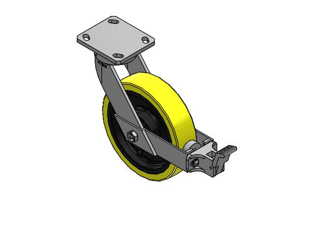 110 Series Kingpinless Top Plate Swivel Caster with 8 x 2 Yellow Tread on Black Cast Iron Core PF - Polyurethane (Heavy Duty Cast Iron Core) Wheel and Face Brake