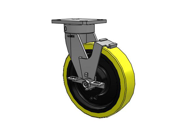 110 Series Kingpinless Top Plate Swivel Caster with 8 x 2 Yellow Tread on Black Cast Iron Core PF - Polyurethane (Heavy Duty Cast Iron Core) Wheel and Face Brake