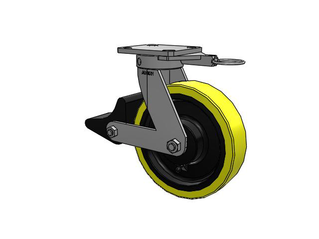 110 Series Kingpinless Top Plate Swivel Caster with 8 x 2 Yellow Tread on Black Cast Iron Core PF - Polyurethane (Heavy Duty Cast Iron Core) Wheel and Poly Lock Integrated Brake
