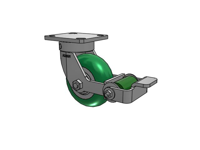 110 Series Kingpinless Top Plate Swivel Caster with 5 x 2 Green Tread on Aluminum Core PM - Round Polyurethane (Aluminum Core) Wheel and Poly Cam Brake