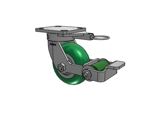 110 Series Kingpinless Top Plate Swivel Caster with 5 x 2 Green Tread on Aluminum Core PM - Round Polyurethane (Aluminum Core) Wheel and Poly Cam Brake