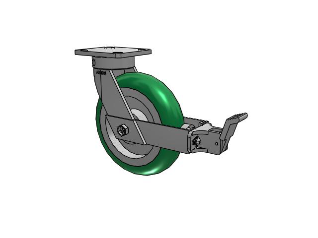 110 Series Kingpinless Top Plate Swivel Caster with 8 x 2 Green Tread on Aluminum Core PM - Round Polyurethane (Aluminum Core) Wheel and Face Brake