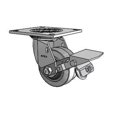 Roulette pivotante série 4 avec plaque supérieure de 2 pouces de large, équipée de 4 roues en caoutchouc Performa (plates/conductrices) de 2 pouces et d'un frein à blocage de la bande de roulement