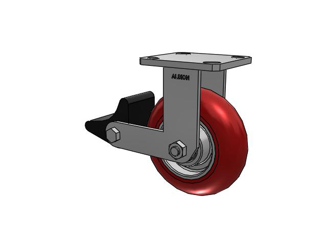 110 Series Kingpinless Top Plate Rigid Caster with 6 x 2 Red Tread on Aluminum Core UA - Magnum Polyurethane (Aluminum Core) Wheel and Poly Lock Integrated Brake