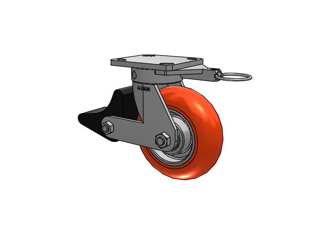 110 Series Kingpinless Top Plate Swivel Caster with 6 x 2 Orange Tread on Aluminum Core UA - Magnum Polyurethane (Aluminum Core) Wheel and Poly Lock Integrated Brake